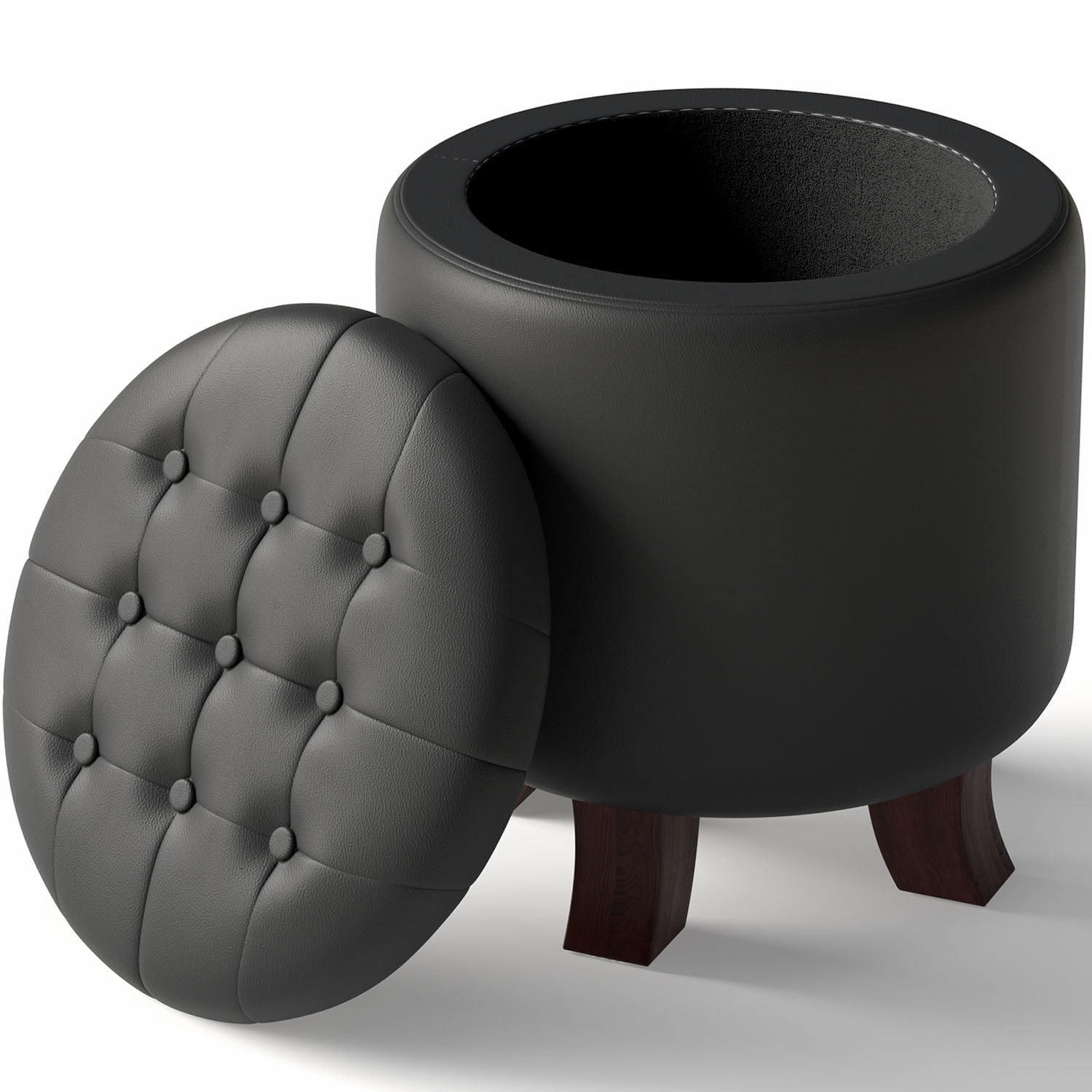 OSM Ottoman,Round Leather Foot Rest Stool, Upholstered Small Ottoman Chair with Storage for Living Room & Bedroom, Decorative Home Furniture, Black