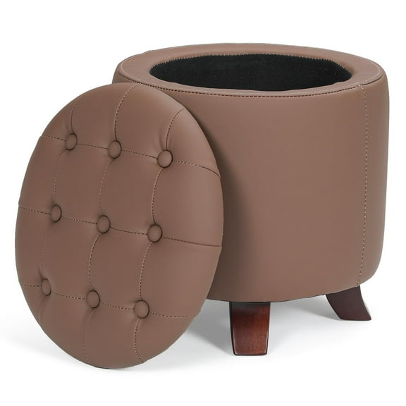 OSM Ottoman,Round Leather Foot Rest Stool, Upholstered Small Ottoman Chair with Storage for Living Room & Bedroom, Decorative Home Furniture, Brown