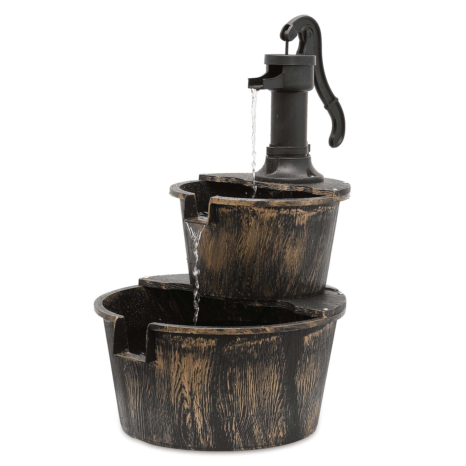 OSM Outdoor Water Fountain, 27" Tall 2-Tier Barrel Design with Waterfall and Electric Pump, Freestanding Water Feature for Garden, Patio, Backyard, Porch, 11 L Capacity, Bronze