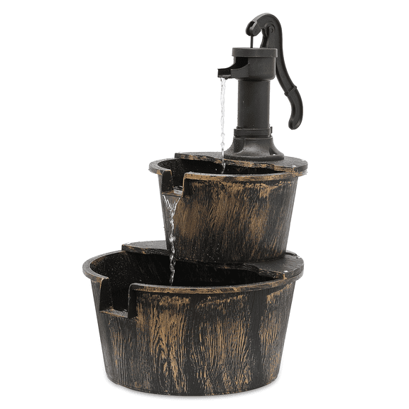 OSM Outdoor Water Fountain, 27" Tall 2-Tier Barrel Design with Waterfall and Electric Pump, Freestanding Water Feature for Garden, Patio, Backyard, Porch, 11 L Capacity, Bronze