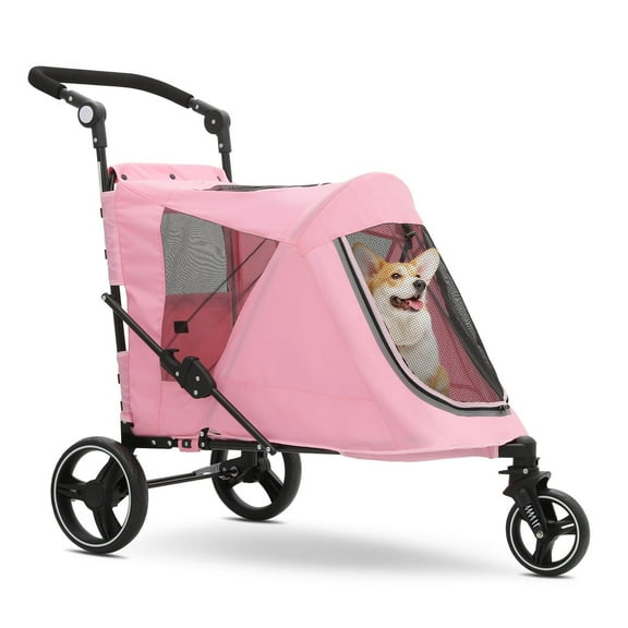 OSM Pet Stroller for Large Dogs or Multiple Dogs Cats with Adjustable Handle, 3-Wheels Dual Entry Portable Dog Carting Easy Folding Pet Wagon Double Dog Stroller up to 55 lbs, Pink