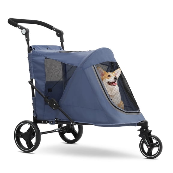 OSM Pet Stroller for Large Dogs or Multiple Dogs Cats with Adjustable Handle, 3-Wheels Dual Entry Portable Dog Carting Easy Folding Pet Wagon Double Dog Stroller up to 55 lbs, Navy Blue