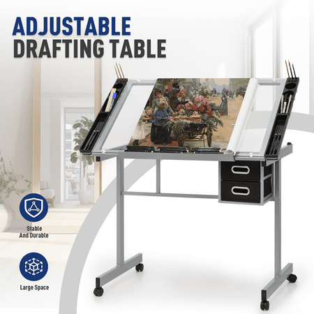 OSM Professional Adjustable Height & Angle Drafting Table with Tempered Glass Top, Storage Drawers, Side Tray, and Rolling Casters for Artists, Designers, Home Office, Clear & Gray