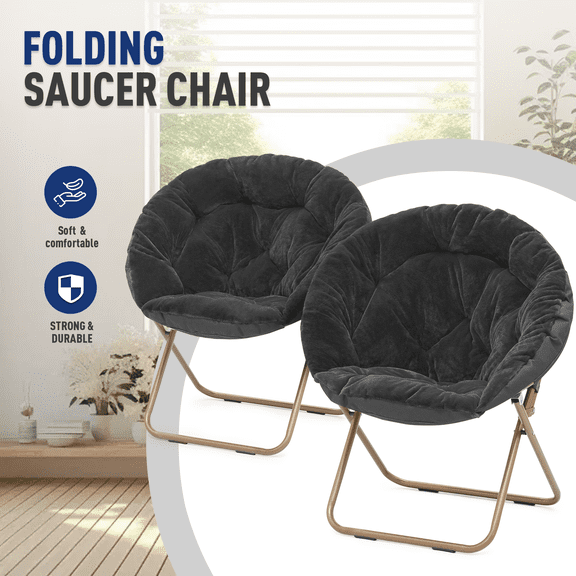 OSM Round Folding Faux Fur Saucer Chair, Thick Padded Comfy Lounge Accent Chair with Metal Frame for Living Room, Bedroom, Dorm, Apartment, Set of 2, Black