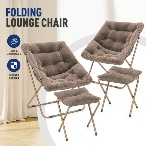 OSM Square Saucer Chair with Ottoman, Furry Cozy Seat for Teens Adults with Gold Metal Frame & Non-Slip Pad, Oversized Room Chair for Bedroom, Living Room & Dorm (Light Brown, 2-Pack)