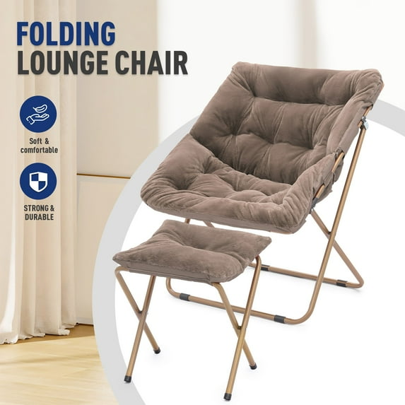 OSM Square Saucer Chair with Ottoman, Furry Cozy Seat for Teens Adults with Gold Metal Frame & Non-Slip Pad, Oversized Room Chair for Bedroom, Living Room & Dorm (Light Brown)