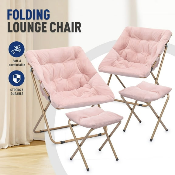 OSM Oversized Furry Saucer Chair with Ottoman, Gold Metal Frame, for Bedroom, Dorm (Light Pink, 2-Pack)