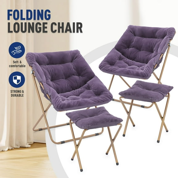 OSM Square Saucer Chair with Ottoman, Furry Cozy Seat for Teens Adults with Gold Metal Frame & Non-Slip Pad, Oversized Room Chair for Bedroom, Living Room & Dorm (Purple, 2-Pack)