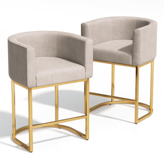 OSM Upholstered Barrel Bar Stools Set of 2, 23.5 Inch Counter Height Kitchen Island Chairs with Gold Metal Frame, Modern Dining Room and Home Bar Seating, White