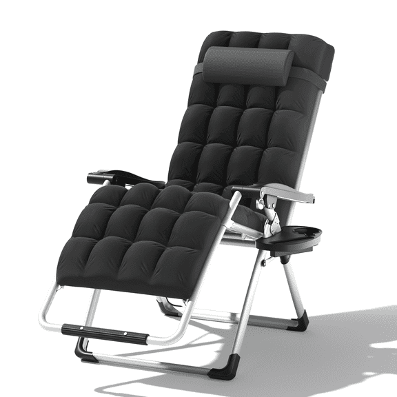 OSM Zero Gravity Chair with Cushion, Reclining Outdoor Patio Lounge Chair, Folding Indoor Anti Gravity Recliner, Portable Lounger with Removable Cup Holder Side Tray and Pillow Headrest (Black)