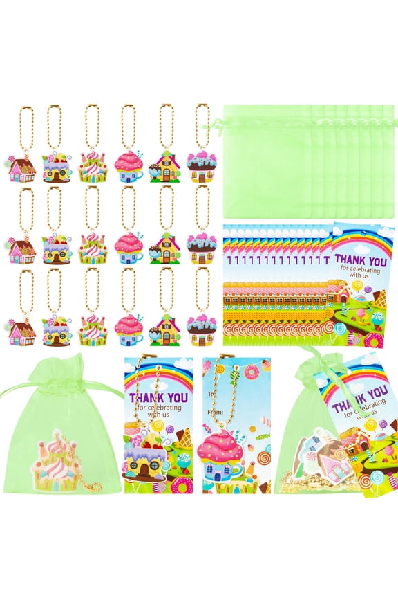 24 Sets Candy Theme Party Favors Acrylic Keychains Organza Bags for Birthday Goodie Bags Classroom Prizes