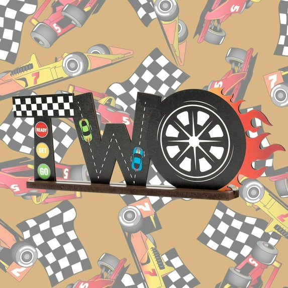 OSNIE Race Car Two Letter Sign Wooden Table Centerpiece Lets Go Racing Checkered Theme 2nd Party Supplies Decoration Milestone Cake Smash Photo Props for Kids Boys Two Years Old Birthday