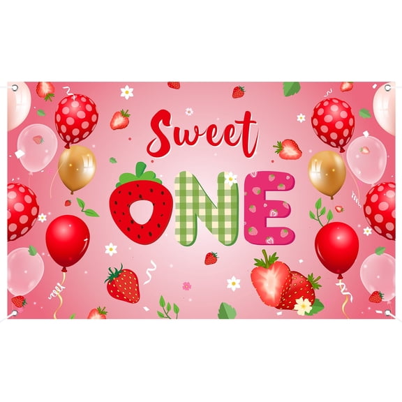MALLMALL6 Strawberry Party Banner Photography Backdrop, Multicolor Durable Polyester , Pink, 1 Count