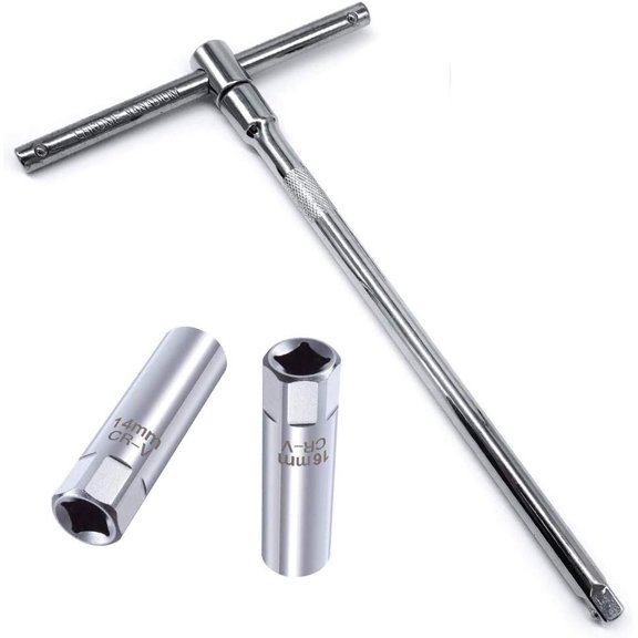OSOF 14mm & 16mm Spark Plug Socket Thin Wall 12-Point  3/8 inch Square Drive Set + 3/8-Inch Drive Sliding T bar Torque Spanner Extension Kit 10inch/25cm