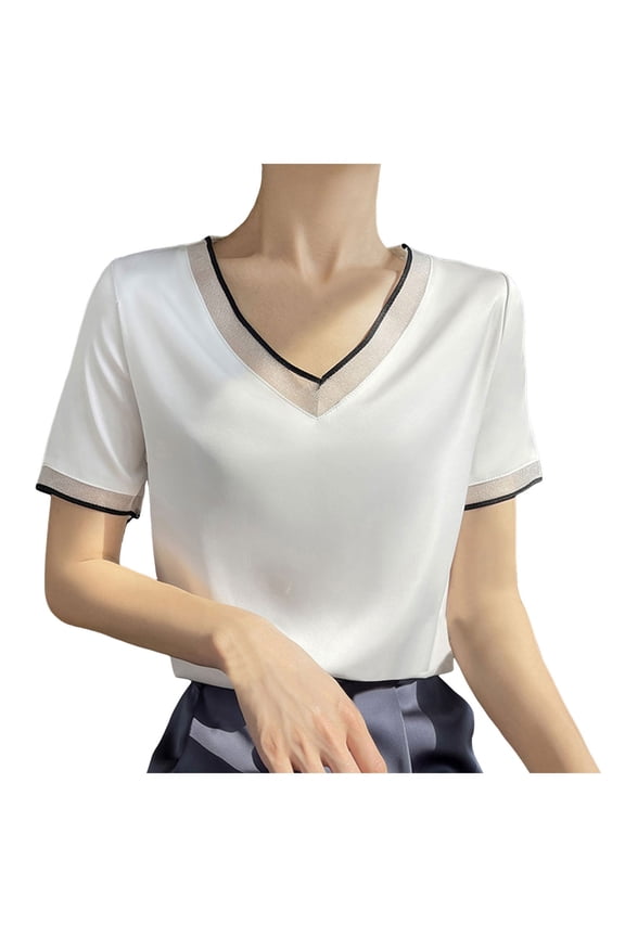 2025 Summer New Silk Satin T-Shirt Short Sleeve Tshirts Tee Women Mesh Solid Color Vest Temperament V-Neck Tops Relaxed Fit Dailywear