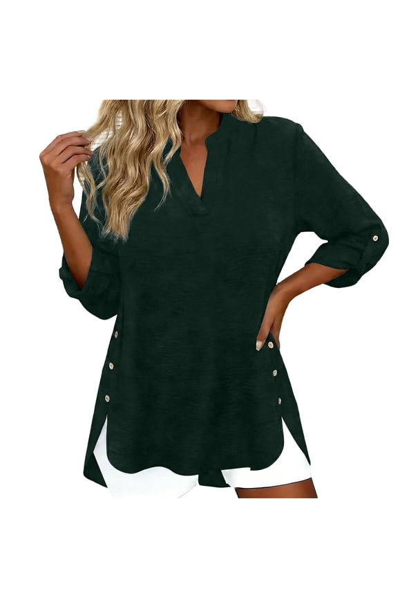3/4 Sleeve Shirts For Women V Neck Loose Fit Rolled Sleeve Solid Color Basic Tee Spring Summer Trendy Tops