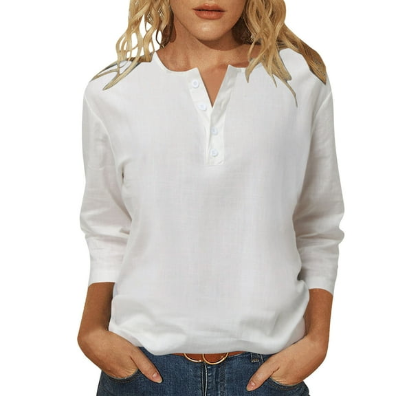 OSOLU 3/4 Sleeve Women Tops Casual Loose T-Shirt O-Neck Tshirts Tee Cute Solid Color Long Version Tops Comfort Dailywear