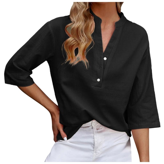 OSOLU 3/4 Sleeve Women Tops Casual Loose T-Shirt O-Neck Tshirts Tee Cute Solid Color Long Version Tops Leisure Dailywear