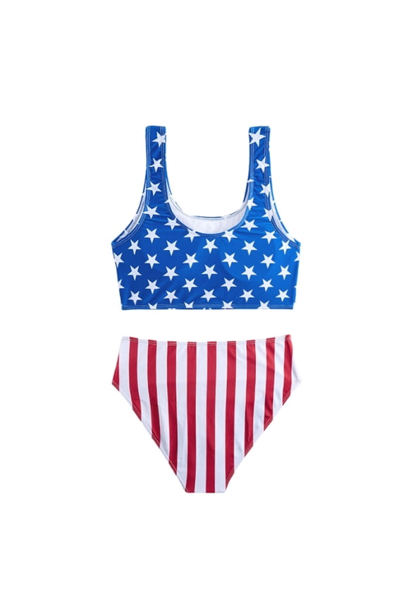 American Flag Bikini Sets For Girls 2 Piece Swimsuits Wide Straps High Waisted Red White And Blue Bathing Suit For Teens 13-16Y Comfy Beachwear