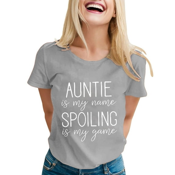 OSOLU Auntie Is My Name Spoiling Is My Game Shirt For Women Funny Letter Print Tee Aunt Casual T-Shirt Short Sleeve Tee Tops Fashionable Dailywear