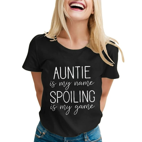 OSOLU Auntie Is My Name Spoiling Is My Game Shirt For Women Funny Letter Print Tee Aunt Casual T-Shirt Short Sleeve Tee Tops Versatile Dailywear