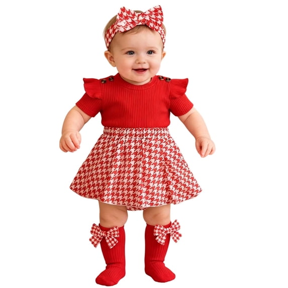 OSOLU Baby Girls Bodysuits Short Sleeve Plaid Newborn Infant Romper Dress With Headband Socks 3 Piece Set Stylish Onesie