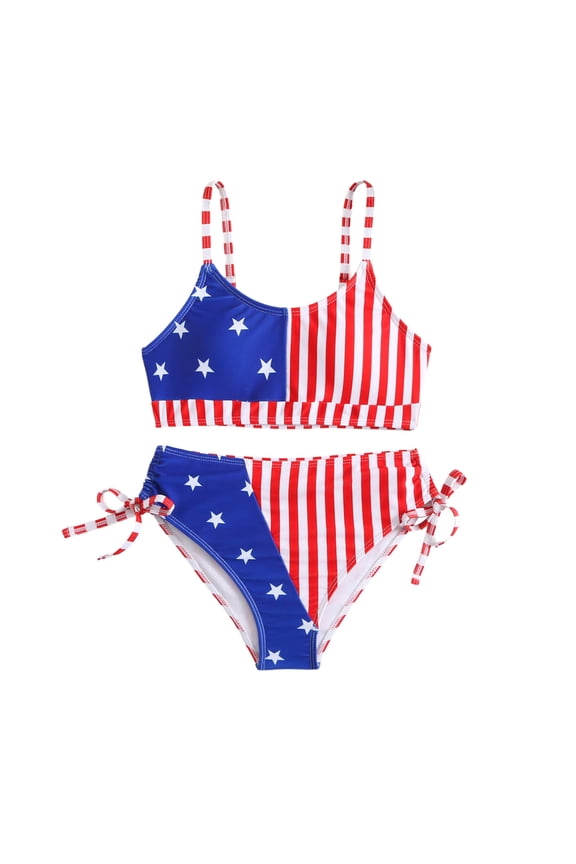 Bikini Sets For Girls Two Piece American Flag Print Swimsuits Adjustable Straps Red White And Blue Bathing Suit For Kids 8-13Y Comfy Beachwear