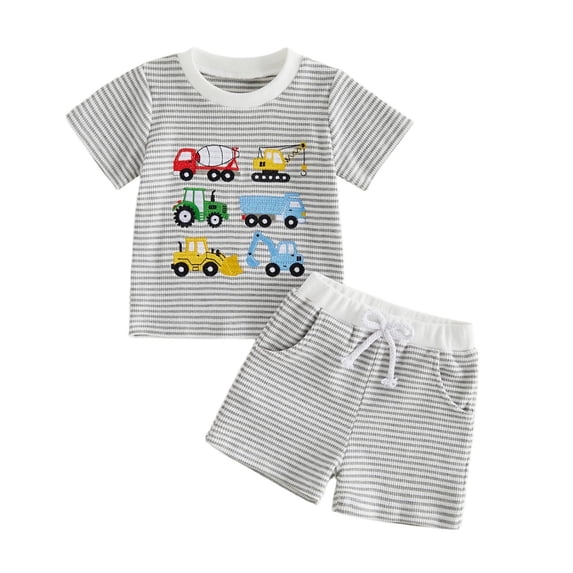 OSOLU Boys 2 Piece Outfit Striped Short Sleeve T Shirt Construction Vehicle Embroidery Drawstring Shorts Set Grey
