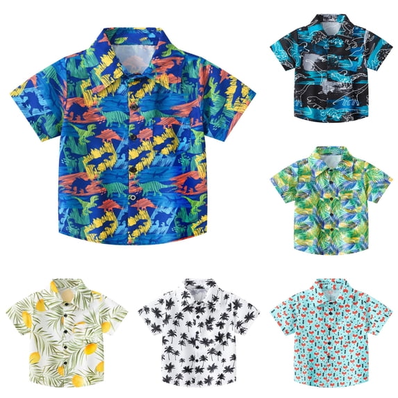 OSOLU Boys Button Down Shirt Lapel Collar Short Sleeve All Over Dinosaur Print Pocket Casual Kids Tops Blue