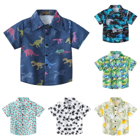 OSOLU Boys Button Down Shirt Lapel Collar Short Sleeve All Over Dinosaur Print Pocket Casual Kids Tops Navy