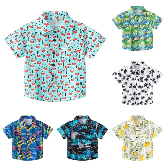 OSOLU Boys Button Down Shirt Lapel Collar Short Sleeve All Over Dinosaur Print Pocket Casual Kids Tops