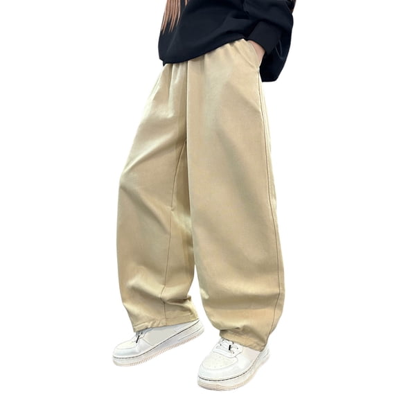 OSOLU Boys Cargo Pants Casual Wide Leg Solid Color Comfortable Loose Fit Outdoor Joggers with Pocket Vacation Playful Trousers