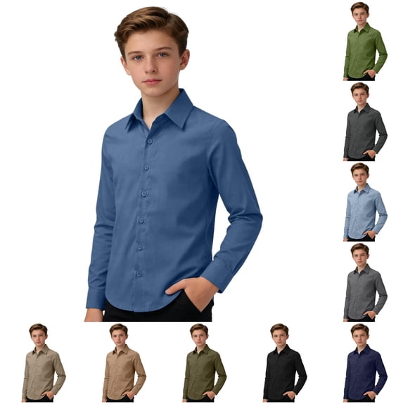 OSOLU Boys Dress Shirt Long Sleeve Turndown Collar Solid Color Full Button Front Kids All Season Formal Uniform Tops Blue