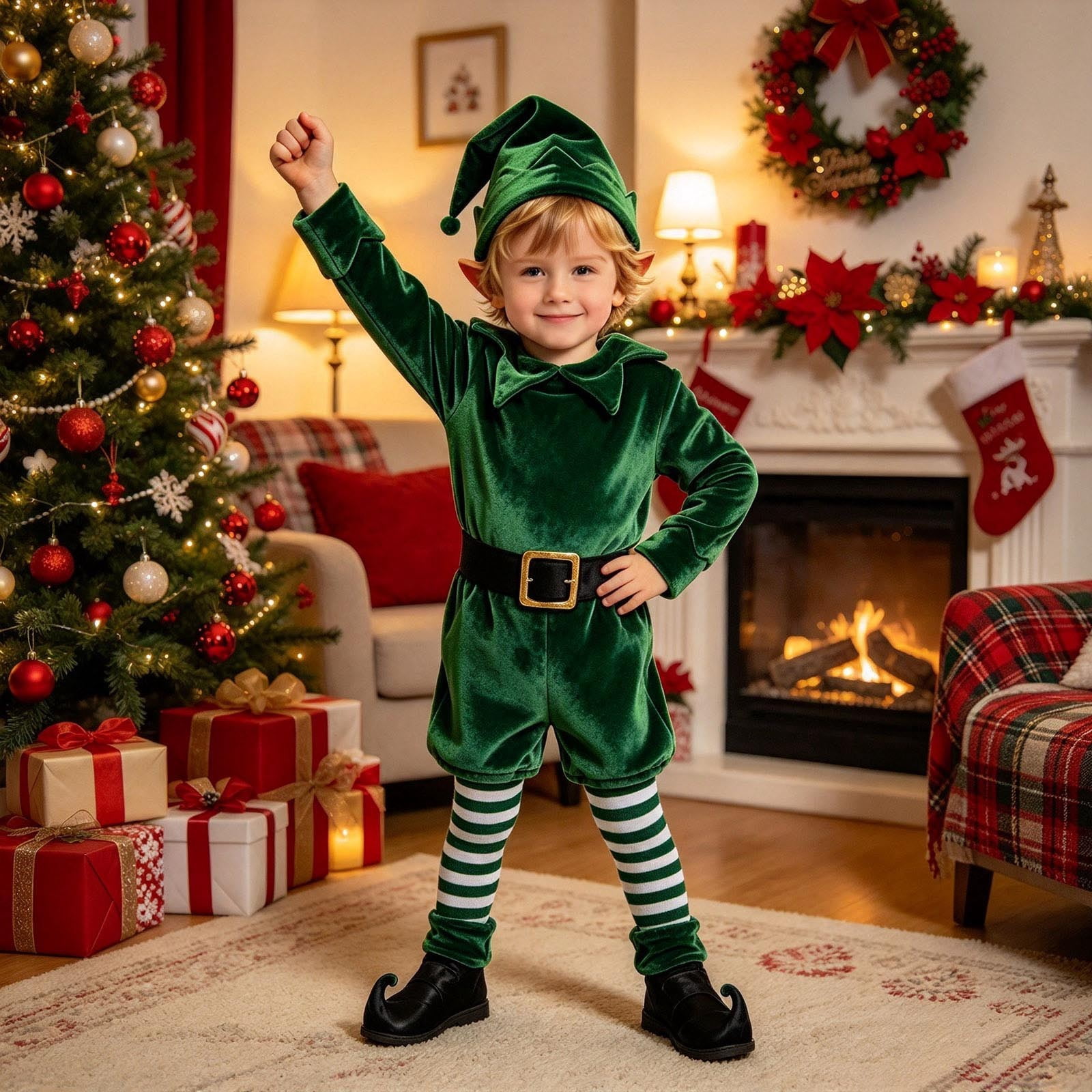 OSOLU Boys Elf 5 Piece Set Holiday Outfit Top Pants Hat Socks Shoe ...