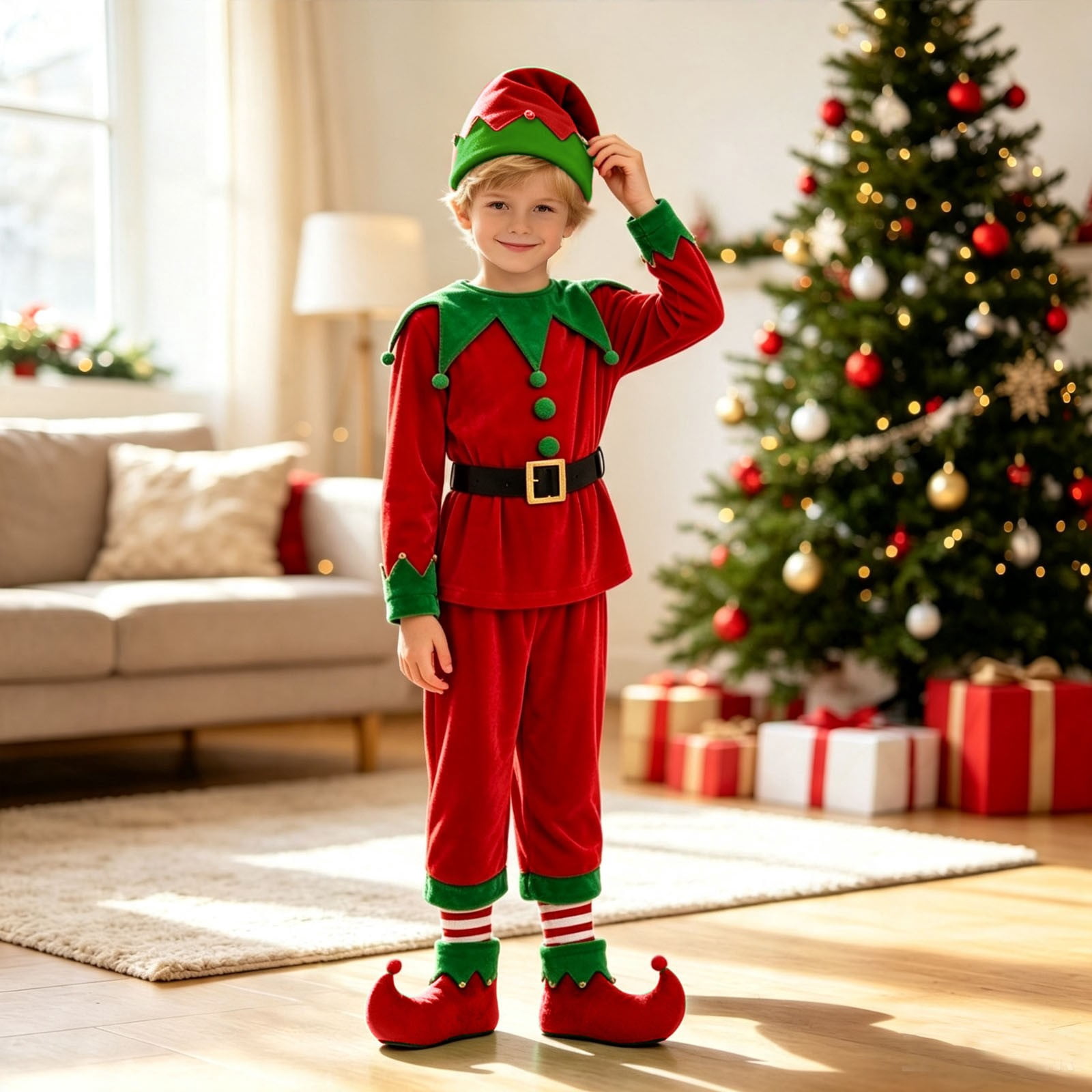OSOLU Boys Elf Costume 5 Piece Set Pants Top Hat Socks Shoe Covers ...