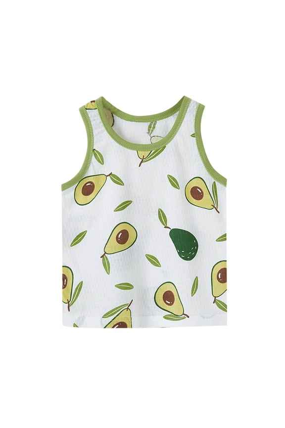 Boys Girls Tank Tops Sleeveless Crew Neck Contrast Binding Avocado Fruit Print Breathable Mesh Casual Undershirt Light Green
