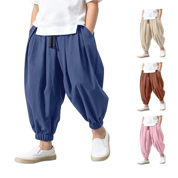 OSOLU Boys Harem Pants Casual Drawstring Solid Color Pleated Summer Lightweight Tapered Ankle-Tied Pants For Kids 2-14Y Soft Trousers