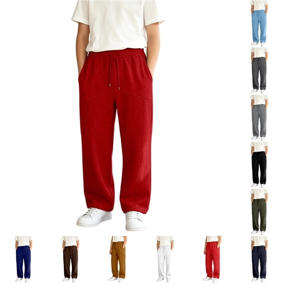 OSOLU Boys Pants Drawstring Elastic Waist Side Pockets Seam Detail Jogger Casual Trousers Red