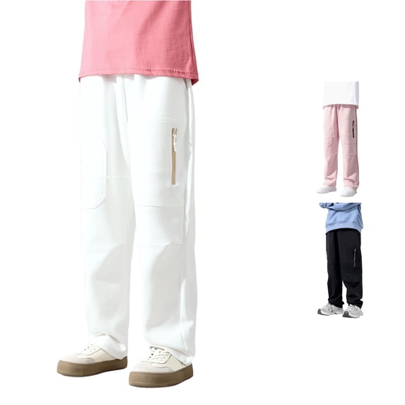 OSOLU Boys Pants Drawstring Elastic Waist Zipper Cargo Pockets Straight Leg Kids Casual Trousers White