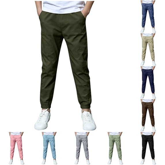 OSOLU Boys Pants Elastic Waist Side Pockets Jogger Kids Daily Casual Trousers Army Green