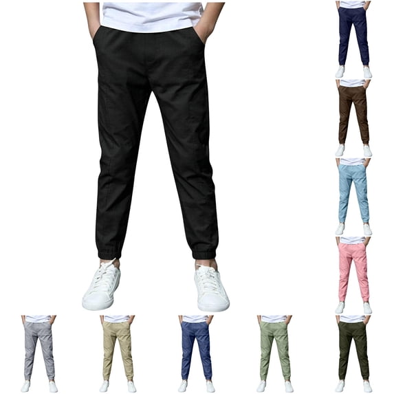 OSOLU Boys Pants Elastic Waist Side Pockets Jogger Kids Daily Casual Trousers Black
