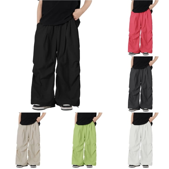 OSOLU Boys Pants Solid Color Comfortable Elastic Waist Bottom Drawstring Adjustable Wide Leg Trousers Kids Daily Wear Black