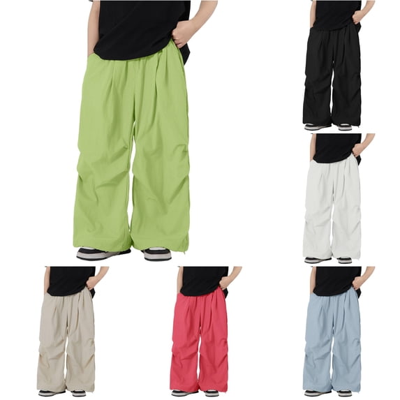 OSOLU Boys Pants Solid Color Comfortable Elastic Waist Bottom Drawstring Adjustable Wide Leg Trousers Kids Daily Wear Green