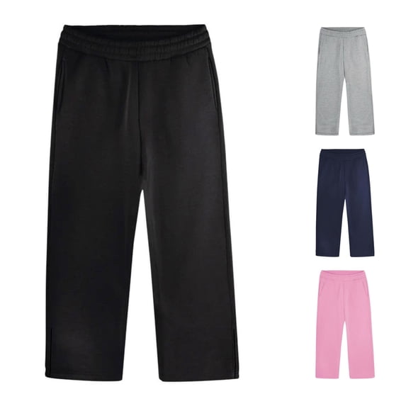 OSOLU Boys Pants Solid Color Comfortable Elastic Waist Side Pockets Hem Slit Straight Trousers Daily Wear Black
