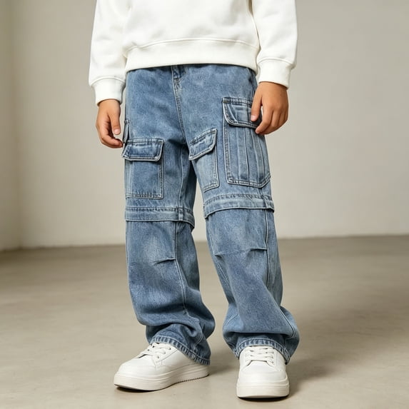 OSOLU Boys Pants Solid Color Comfortable Multi Cargo Pockets Wide Leg Denim Trousers Kids Daily Wear Blue