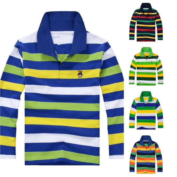 OSOLU Boys Polo Shirt Long Sleeve Lapel Collar Colorful Stripe Little cute Embroidery Button Casual Tops Blue