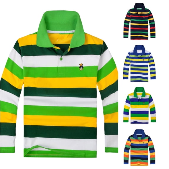 OSOLU Boys Polo Shirt Long Sleeve Lapel Collar Colorful Stripe Little cute Embroidery Button Casual Tops Light Green