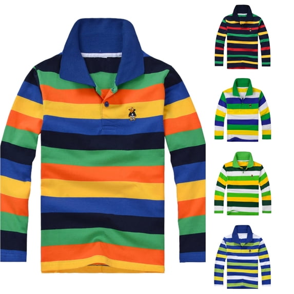 OSOLU Boys Polo Shirt Long Sleeve Lapel Collar Colorful Stripe Little cute Embroidery Button Casual Tops Navy