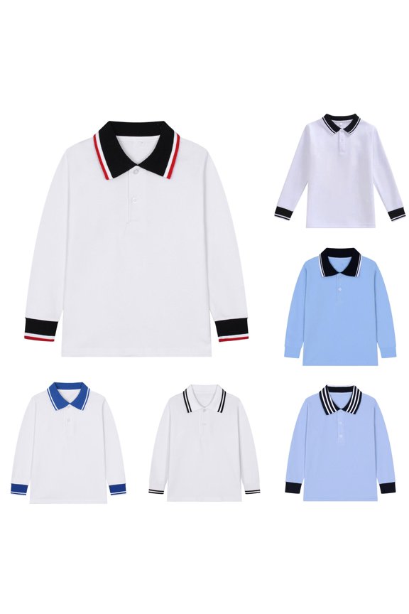 Boys Polo Shirt Long Sleeve Striped Rib Collar Two Button Placket White Basic School Uniform Tops Red