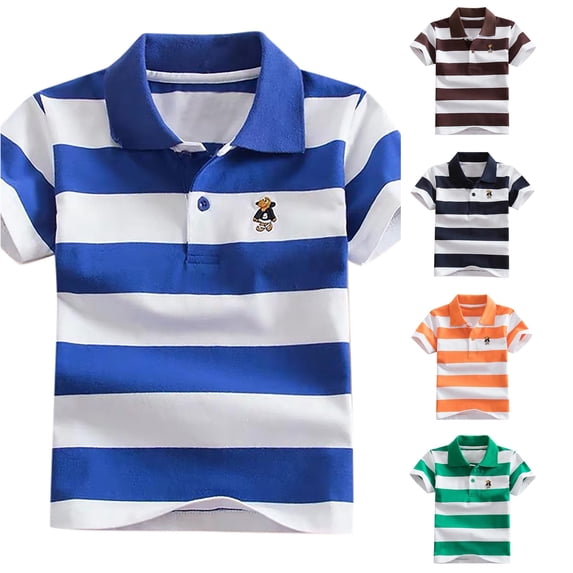 OSOLU Boys Polo Shirt Short Sleeve Lapel Striped cute Embroidery Button Placket Casual Pullover Tops Blue
